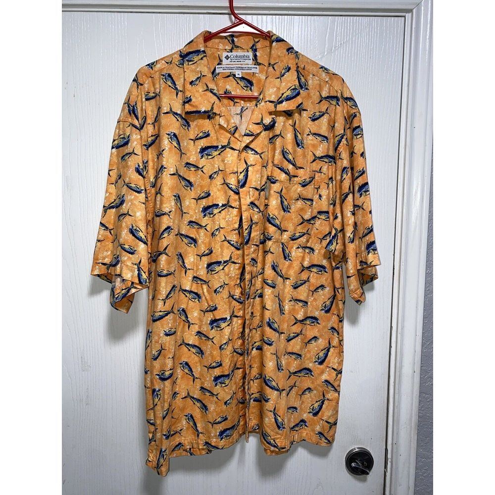 Columbia Mens Shirt Orange‎ Fish Print SS Button Up Cotton XLarge